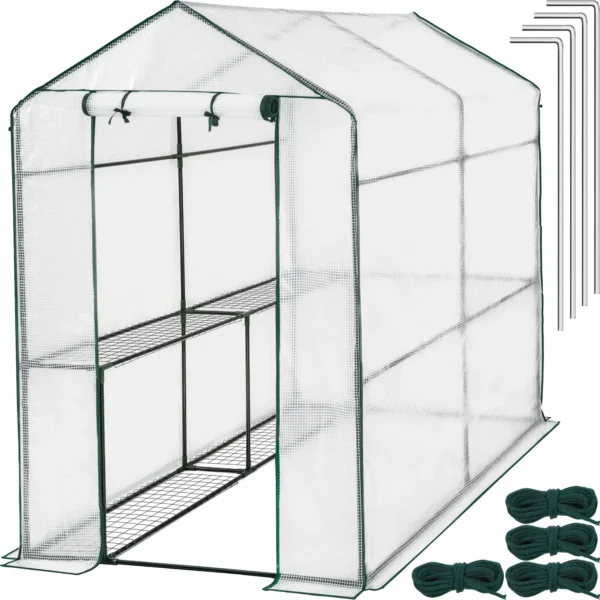 Tectake-greenhouse with cover | With rack of 4 metal shelves of grid | Protects plants from cold, rain and frost | PE cover with protection against grape rays