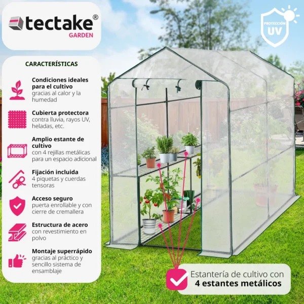 Tectake-greenhouse with cover | With rack of 4 metal shelves of grid | Protects plants from cold, rain and frost | PE cover with protection against grape rays - Image 2