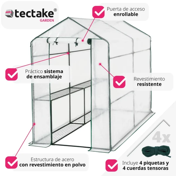 Tectake-greenhouse with cover | With rack of 4 metal shelves of grid | Protects plants from cold, rain and frost | PE cover with protection against grape rays - Image 3