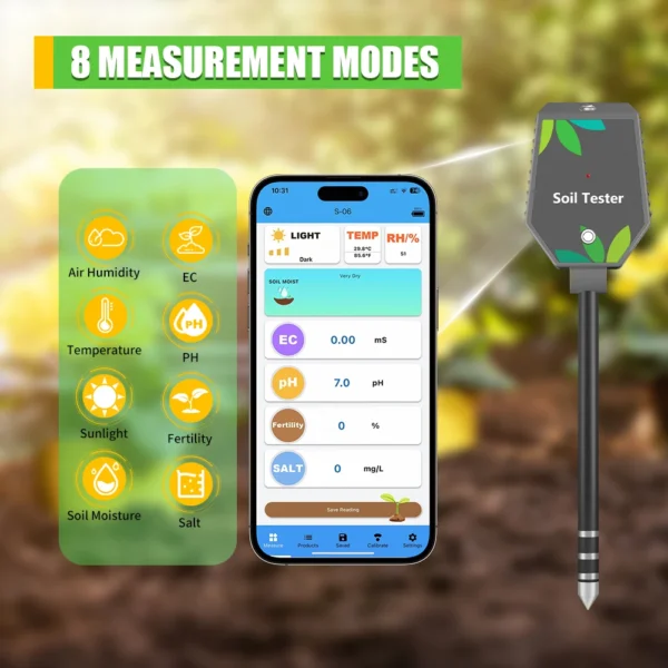 Professional Soil PH Meter 8 in 1 Soil PH EC Fertility Salt Tester Monitor Smart Bluetooth Light Air Humidity Detector for Plant - Image 13