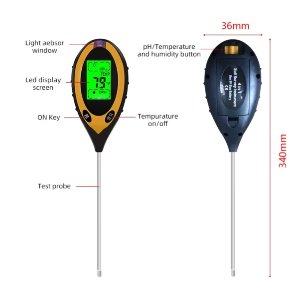 Soil PH Meter Tester Soil Tester PH Moisture meter Temperature Sunlight Intensity measurement Analysis Soil Acidity Test 4 in 1 - Image 11