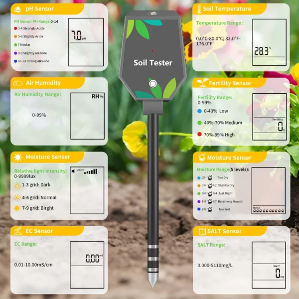 Professional Soil PH Meter 8 in 1 Soil PH EC Fertility Salt Tester Monitor Smart Bluetooth Light Air Humidity Detector for Plant - Image 9