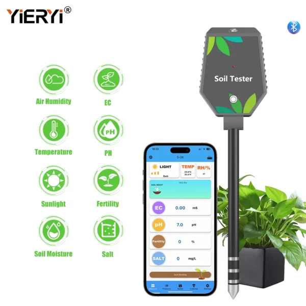 Professional Soil PH Meter 8 in 1 Soil PH EC Fertility Salt Tester Monitor Smart Bluetooth Light Air Humidity Detector for Plant - Image 8