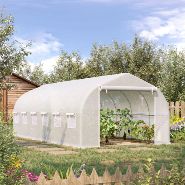 Outsunny greenhouse tunnel 595x300x200 cm 12 windows and white roller door - Image 2