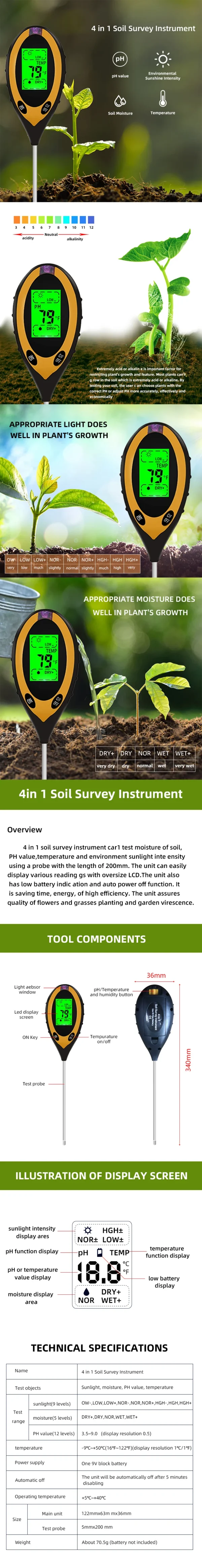 Soil PH Meter Tester Soil Tester PH Moisture meter Temperature Sunlight Intensity measurement Analysis Soil Acidity Test 4 in 1 - Image 15