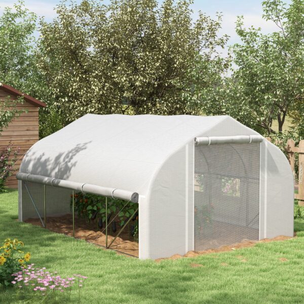 Outrsunny 4x3x2 m tunnel greenhouse with mesh door and 8 white windows - Image 9